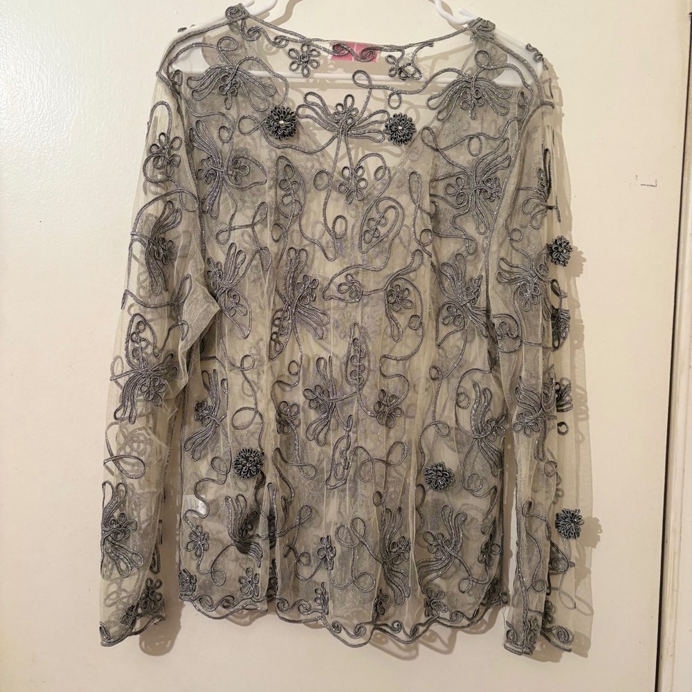 Fairycore Whimsigoth Silk Blend Mesh Cardigan Top Silver Floral Embroidered Sz L - Picture 3 of 5